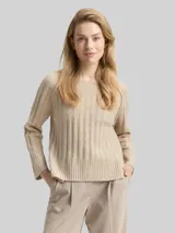 TOM TAILOR Damen Bouclé Strickpullover mit Wollanteil, beige, Meliert – Bild 4