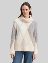 TOM TAILOR Damen Oversize Rollkragenpullover mit Wollanteil, beige, Gemustert – Bild 4