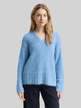 TOM TAILOR Damen Oversize Strickpullover mit Wollanteil, blau, Meliert – Bild 4
