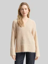 TOM TAILOR Damen Oversize Strickpullover mit Wollanteil, beige, Meliert – Bild 4