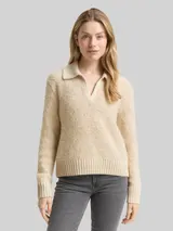 TOM TAILOR Damen Bouclé Strickpullover mit Kragen, beige, Meliert – Bild 4
