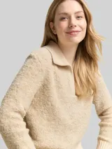 TOM TAILOR Damen Bouclé Strickpullover mit Kragen, beige, Meliert – Bild 6
