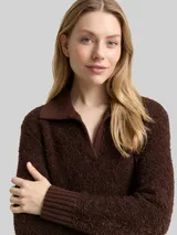TOM TAILOR Damen Bouclé Strickpullover mit Kragen, braun, Meliert – Bild 6