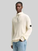TOM TAILOR DENIM Herren Relaxed Fit Troyer Strickpullover, weiß, Uni – Bild 4