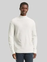 TOM TAILOR DENIM Herren Rollkragenpullover aus Noppengarn, weiß, Meliert – Bild 4