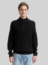 TOM TAILOR DENIM Herren Troyer Strickpullover, schwarz, Uni – Bild 4