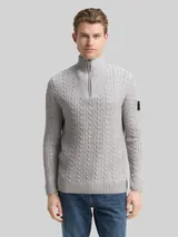 TOM TAILOR Herren Troyer Strickpullover mit Zopfmuster, grau, Meliert – Bild 4