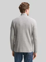 TOM TAILOR Herren Troyer Strickpullover mit Zopfmuster, grau, Meliert – Bild 5