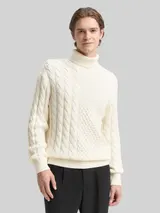 TOM TAILOR DENIM Herren Relaxed Fit Rollkragenpullover mit Zopfmuster, weiß, Uni – Bild 4