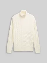 TOM TAILOR DENIM Herren Relaxed Fit Rollkragenpullover mit Zopfmuster, weiß, Uni – Bild 3