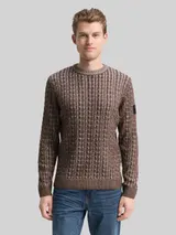 TOM TAILOR Herren Strickpullover mit Zopfmuster, braun, Meliert – Bild 4