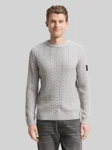 TOM TAILOR Herren Strickpullover mit Zopfmuster, grau, Meliert – Bild 4