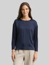 TOM TAILOR Damen Loose Fit Langarmshirt im Material-Mix, blau, Uni – Bild 4
