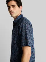 TOM TAILOR Herren Regular Fit Kurzarmhemd mit Leinenanteil, blau, Palmenprint – Bild 6