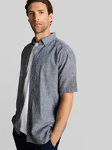 TOM TAILOR Herren Regular Fit Kurzarmhemd mit Leinenanteil, blau, Gemustert – Bild 6