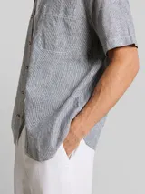 TOM TAILOR Herren Regular Fit Kurzarmhemd mit Leinenanteil, blau, Gestreift – Bild 6