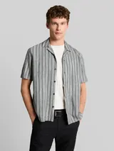 TOM TAILOR DENIM Herren Relaxed Fit Resort Hemd mit Leinenanteil, schwarz, Gestreift – Bild 4