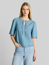 TOM TAILOR DENIM Damen Jeansbluse mit Schleifen-Detail, blau, Uni – Bild 4