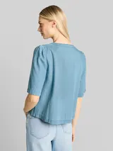 TOM TAILOR DENIM Damen Jeansbluse mit Schleifen-Detail, blau, Uni – Bild 5