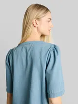 TOM TAILOR DENIM Damen Jeansbluse mit Schleifen-Detail, blau, Uni – Bild 6