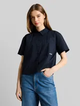 TOM TAILOR DENIM Damen Boxy Fit Bluse aus Baumwolle, blau, Uni – Bild 4