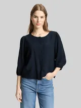 TOM TAILOR DENIM Damen Crinkle Bluse mit Knopfleiste, blau, Uni – Bild 4