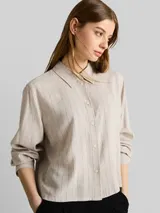 TOM TAILOR DENIM Damen Boxy Fit Hemdbluse mit Schleifen-Detail, beige, Gestreift – Bild 6