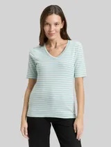 TOM TAILOR Damen Slim Fit T-Shirt mit V-Ausschnitt, grün, Gestreift – Bild 4
