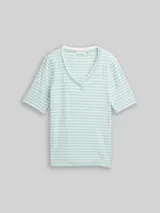TOM TAILOR Damen Slim Fit T-Shirt mit V-Ausschnitt, grün, Gestreift – Bild 3