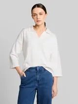TOM TAILOR Damen Loose Fit Scuba Langarmshirt mit Polokragen, weiß, Uni – Bild 4