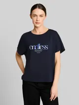TOM TAILOR Damen Loose Fit Scuba T-Shirt mit Print, blau, Uni – Bild 4