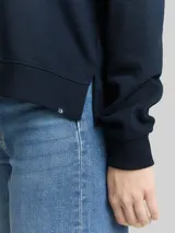 TOM TAILOR DENIM Damen Hoodie Sweatshirt mit Stickerei, blau, Uni – Bild 6