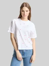 TOM TAILOR DENIM Damen Boxy Fit T-Shirt mit Stickereien, weiß, Gemustert – Bild 4