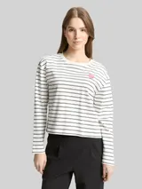 TOM TAILOR DENIM Damen Boxy Fit Langarmshirt mit Herz-Stickerei, weiß, Gestreift – Bild 4