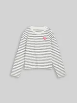 TOM TAILOR DENIM Damen Boxy Fit Langarmshirt mit Herz-Stickerei, weiß, Gestreift – Bild 3