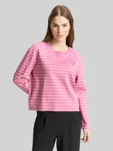 TOM TAILOR DENIM Damen Boxy Fit Langarmshirt mit Herz-Stickerei, rosa, Gestreift – Bild 4