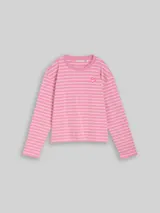 TOM TAILOR DENIM Damen Boxy Fit Langarmshirt mit Herz-Stickerei, rosa, Gestreift – Bild 3