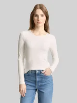 TOM TAILOR DENIM Damen Slim Fit Langarmshirt mit Rippstruktur, weiß, Uni – Bild 4