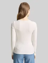 TOM TAILOR DENIM Damen Slim Fit Langarmshirt mit Rippstruktur, weiß, Uni – Bild 5