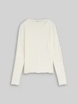 TOM TAILOR DENIM Damen Pointelle Langarmshirt mit Deko-Knopfleiste, weiß, Uni – Bild 3
