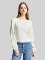 TOM TAILOR DENIM Damen Loose Fit Crinkle Langarmshirt, weiß, Uni – Bild 4