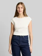TOM TAILOR DENIM Damen Slim Fit T-Shirt mit Rippstruktur, weiß, Uni – Bild 4