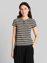 TOM TAILOR DENIM Damen Henley T-Shirt mit Streifenmuster, schwarz, Gestreift – Bild 4