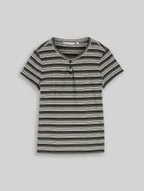 TOM TAILOR DENIM Damen Henley T-Shirt mit Streifenmuster, schwarz, Gestreift – Bild 3