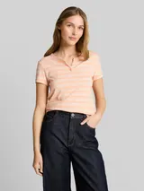 TOM TAILOR DENIM Damen Henley T-Shirt mit Streifenmuster, orange, Gestreift – Bild 4
