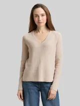 TOM TAILOR Damen Strickpullover mit V-Ausschnitt, braun, Meliert – Bild 4