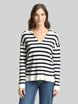 TOM TAILOR Damen Loose Fit Strickpullover mit Polokragen, blau, Gestreift – Bild 4