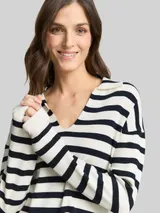 TOM TAILOR Damen Loose Fit Strickpullover mit Polokragen, blau, Gestreift – Bild 6