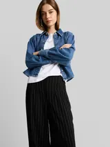 TOM TAILOR DENIM Damen Wide Leg Hose mit Leinenanteil, schwarz, Gestreift – Bild 6