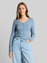 TOM TAILOR DENIM Damen Slim Fit Henley Langarmshirt mit Streifenmuster, blau, Gestreift – Bild 4